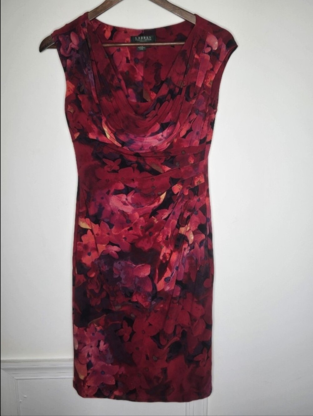 Lauren Ralph Lauren Red Pink Watercolor Floral Cowl Neck Ruched Sheath Dress 6P